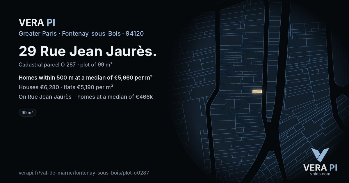29 Rue Jean Jaurès, Fontenay-sous-Bois at night – the plot lit, the parcels around coloured by the prices near them