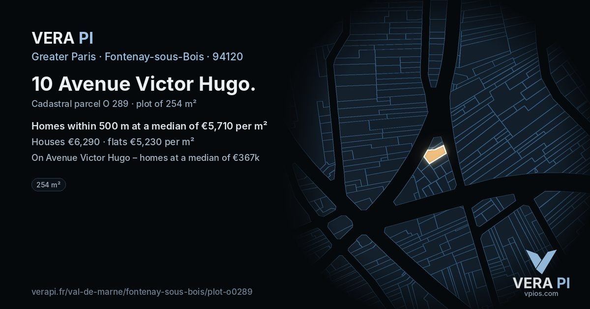 10 Avenue Victor Hugo, Fontenay-sous-Bois at night – the plot lit, the parcels around coloured by the prices near them