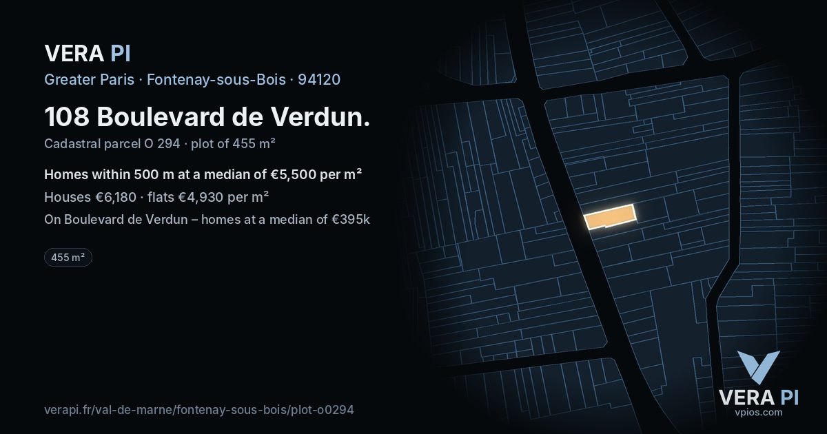108 Boulevard de Verdun, Fontenay-sous-Bois at night – the plot lit, the parcels around coloured by the prices near them