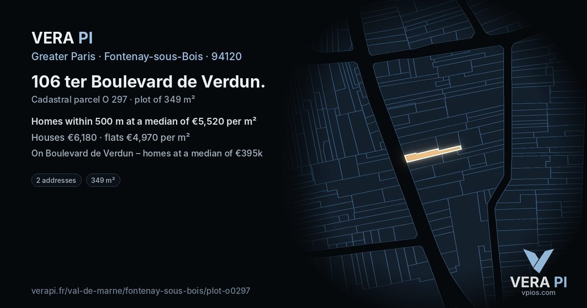 106 ter Boulevard de Verdun, Fontenay-sous-Bois at night – the plot lit, the parcels around coloured by the prices near them