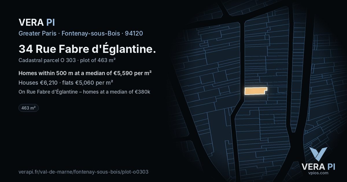 34 Rue Fabre d'Églantine, Fontenay-sous-Bois at night – the plot lit, the parcels around coloured by the prices near them