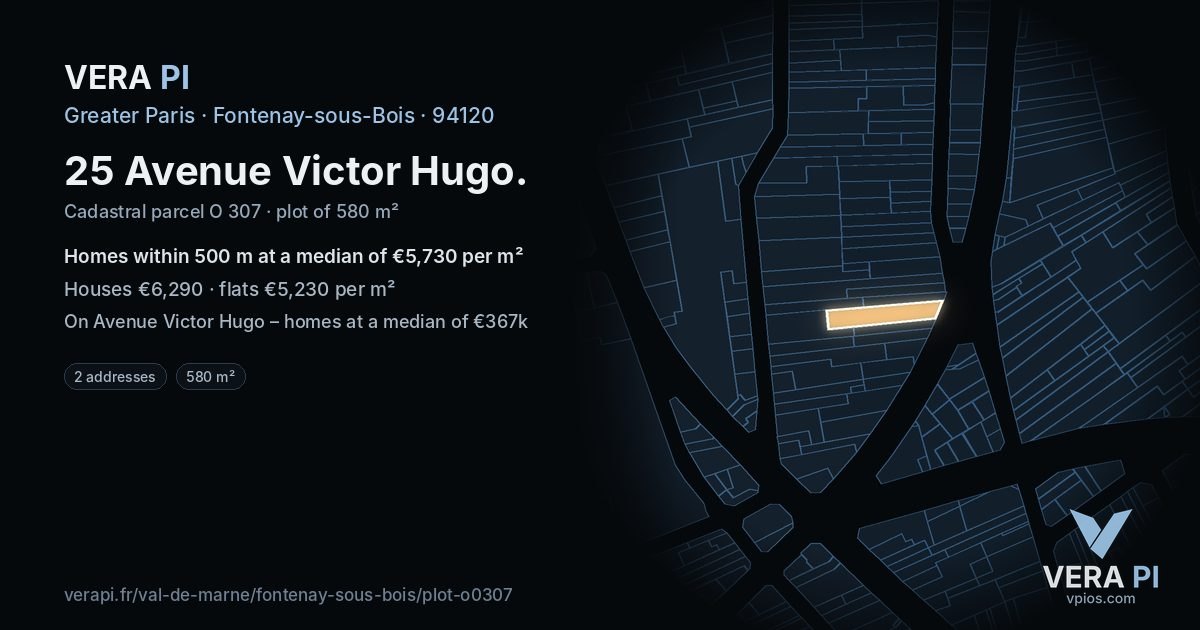 25 Avenue Victor Hugo, Fontenay-sous-Bois at night – the plot lit, the parcels around coloured by the prices near them