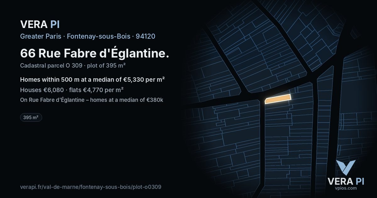 66 Rue Fabre d'Églantine, Fontenay-sous-Bois at night – the plot lit, the parcels around coloured by the prices near them
