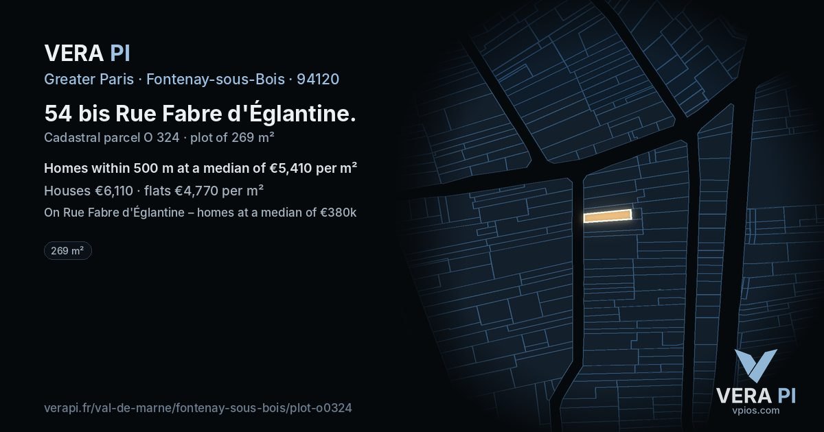 54 bis Rue Fabre d'Églantine, Fontenay-sous-Bois at night – the plot lit, the parcels around coloured by the prices near them