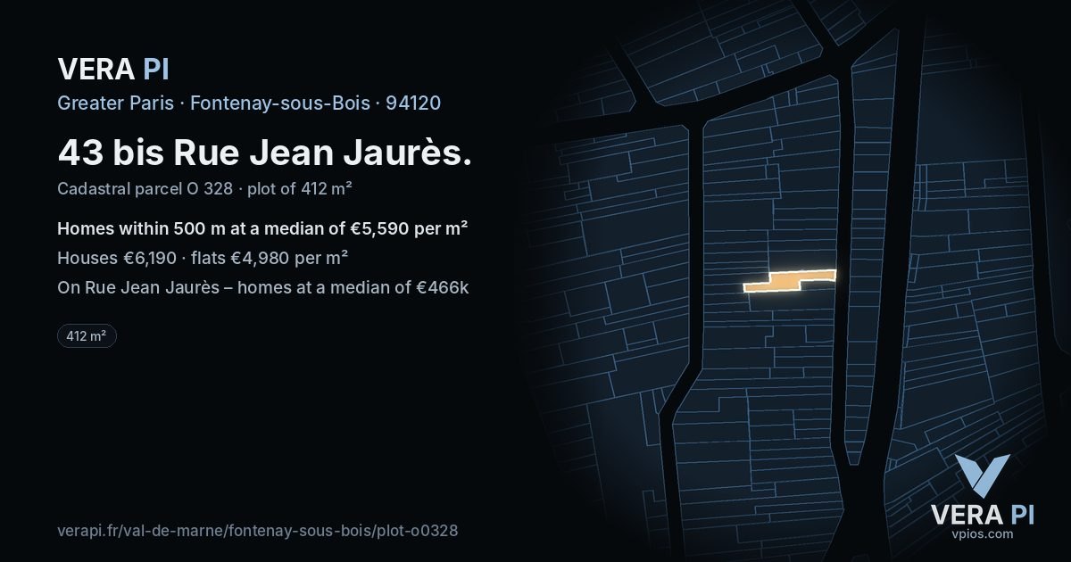 43 bis Rue Jean Jaurès, Fontenay-sous-Bois at night – the plot lit, the parcels around coloured by the prices near them
