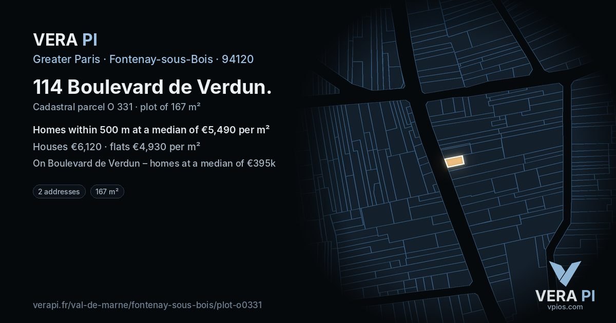 114 Boulevard de Verdun, Fontenay-sous-Bois at night – the plot lit, the parcels around coloured by the prices near them