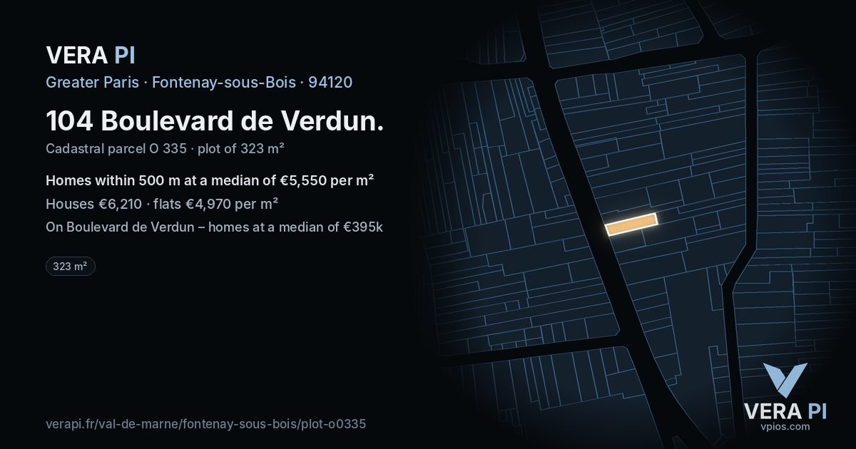 104 Boulevard de Verdun, Fontenay-sous-Bois at night – the plot lit, the parcels around coloured by the prices near them