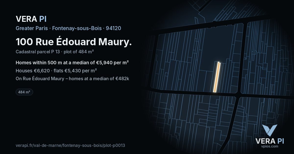 100 Rue Édouard Maury, Fontenay-sous-Bois at night – the plot lit, the parcels around coloured by the prices near them