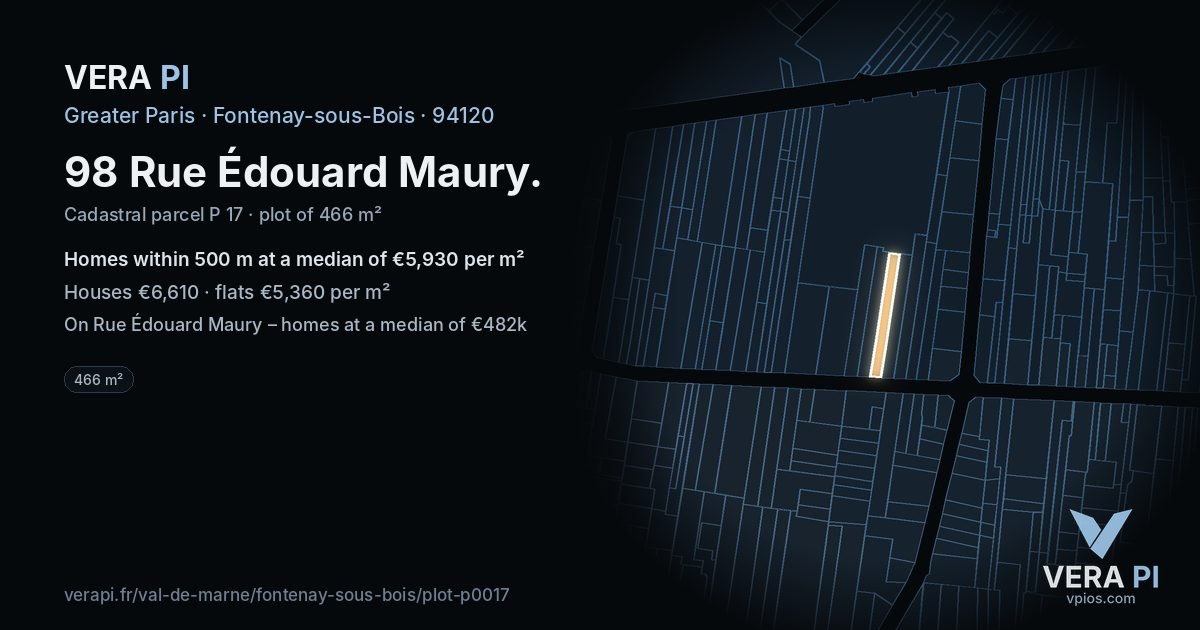 98 Rue Édouard Maury, Fontenay-sous-Bois at night – the plot lit, the parcels around coloured by the prices near them
