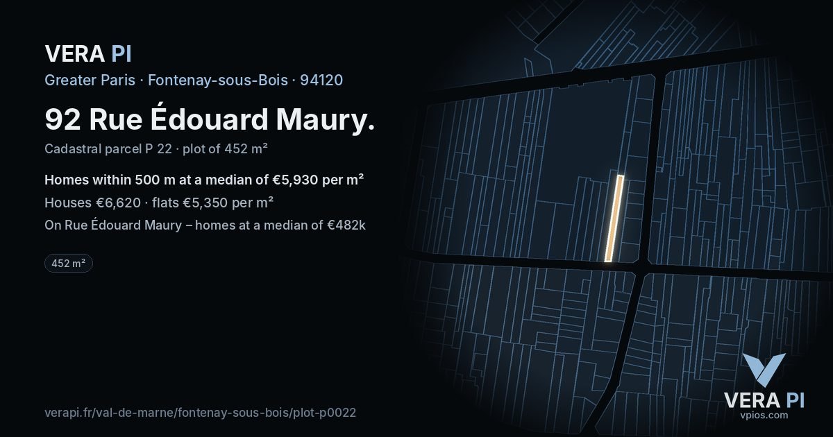 92 Rue Édouard Maury, Fontenay-sous-Bois at night – the plot lit, the parcels around coloured by the prices near them