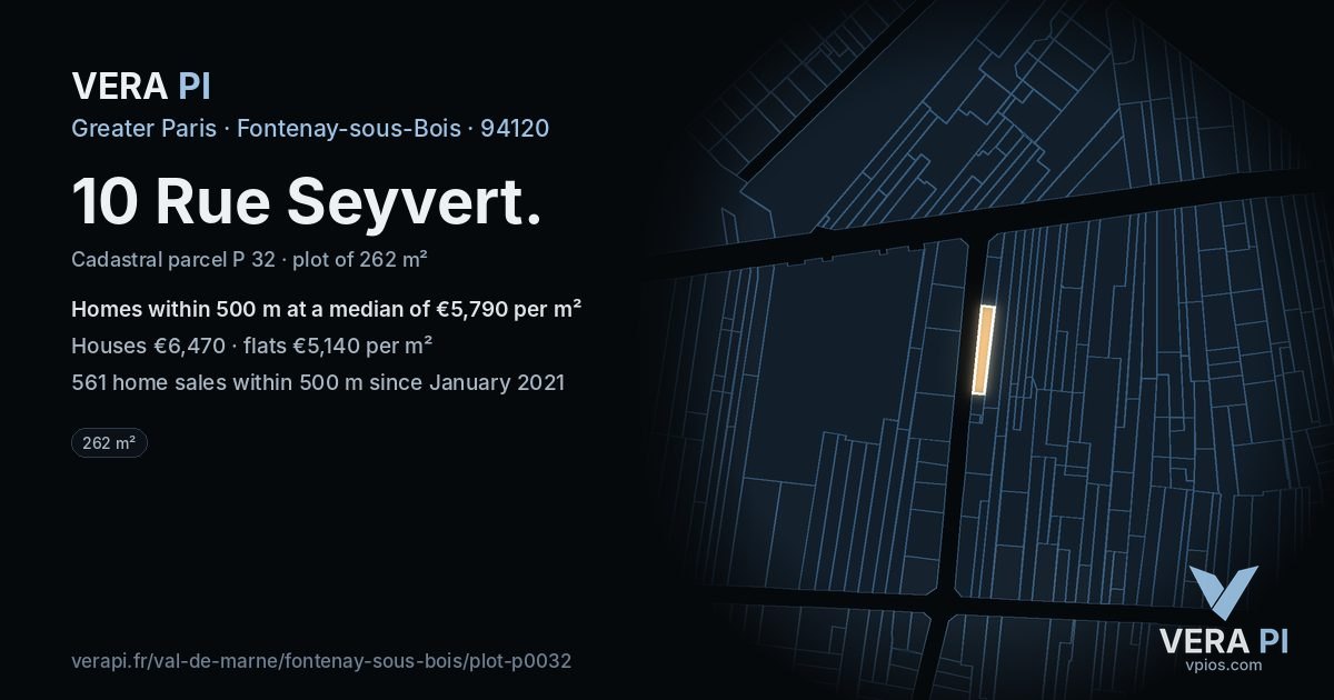 10 Rue Seyvert, Fontenay-sous-Bois at night – the plot lit, the parcels around coloured by the prices near them