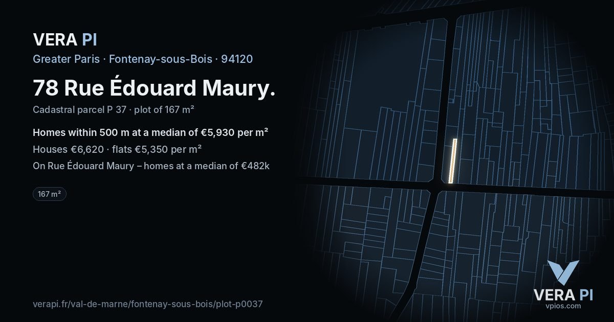 78 Rue Édouard Maury, Fontenay-sous-Bois at night – the plot lit, the parcels around coloured by the prices near them