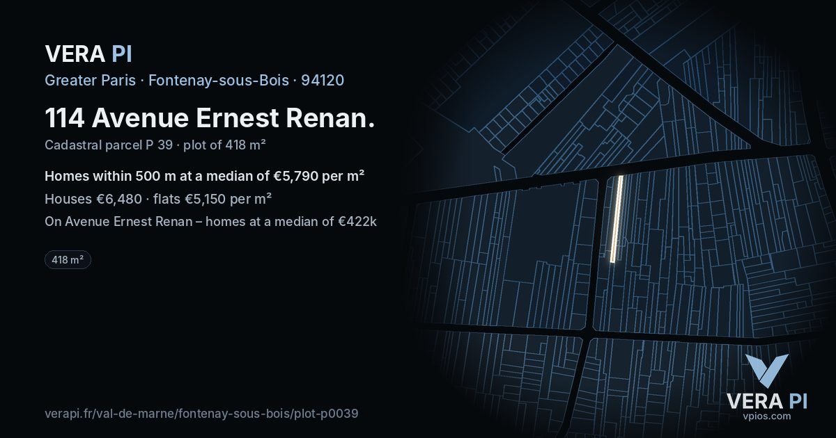114 Avenue Ernest Renan, Fontenay-sous-Bois at night – the plot lit, the parcels around coloured by the prices near them