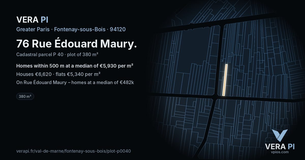 76 Rue Édouard Maury, Fontenay-sous-Bois at night – the plot lit, the parcels around coloured by the prices near them