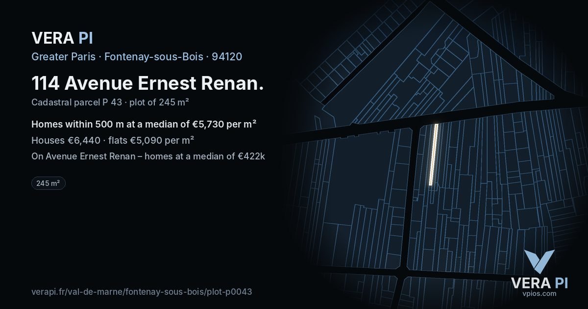 114 Avenue Ernest Renan, Fontenay-sous-Bois at night – the plot lit, the parcels around coloured by the prices near them