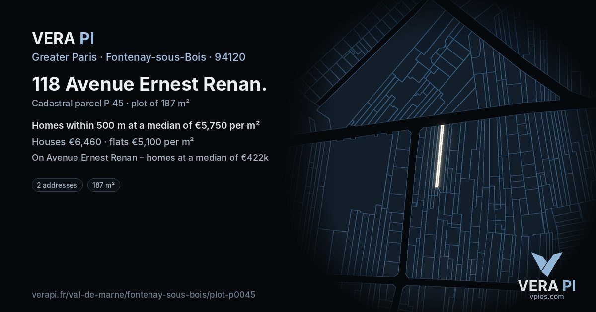 118 Avenue Ernest Renan, Fontenay-sous-Bois at night – the plot lit, the parcels around coloured by the prices near them