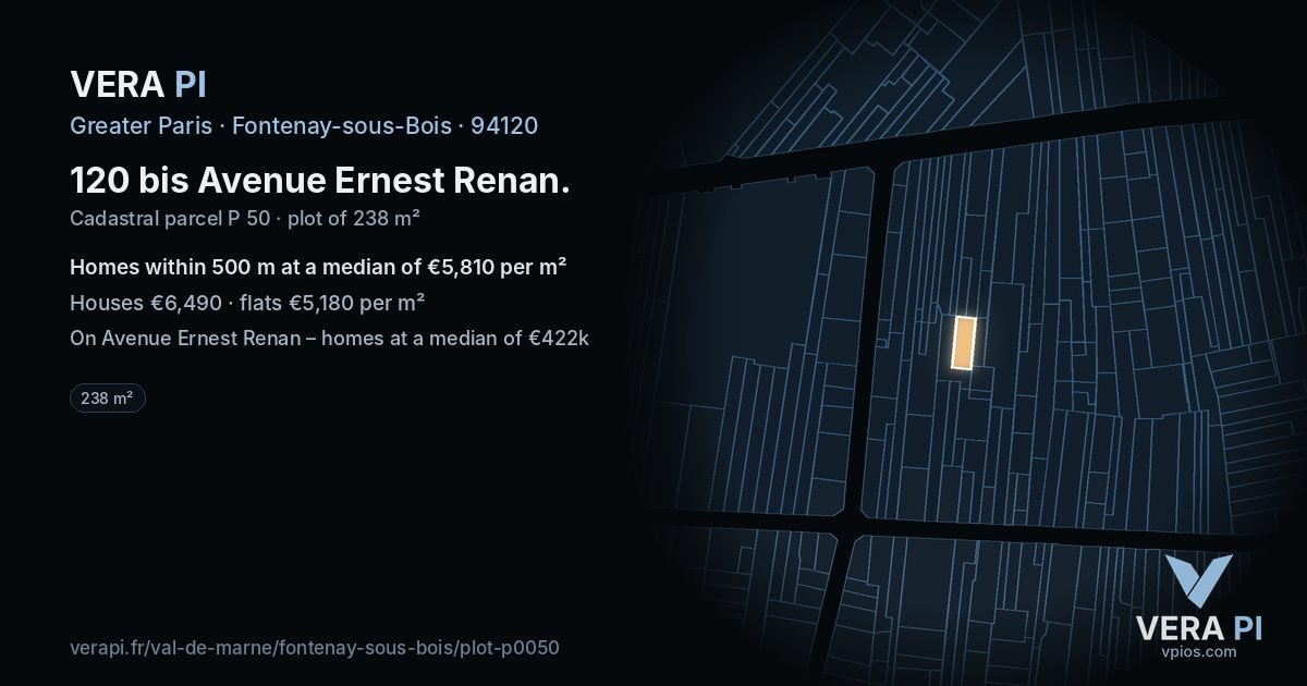 120 bis Avenue Ernest Renan, Fontenay-sous-Bois at night – the plot lit, the parcels around coloured by the prices near them