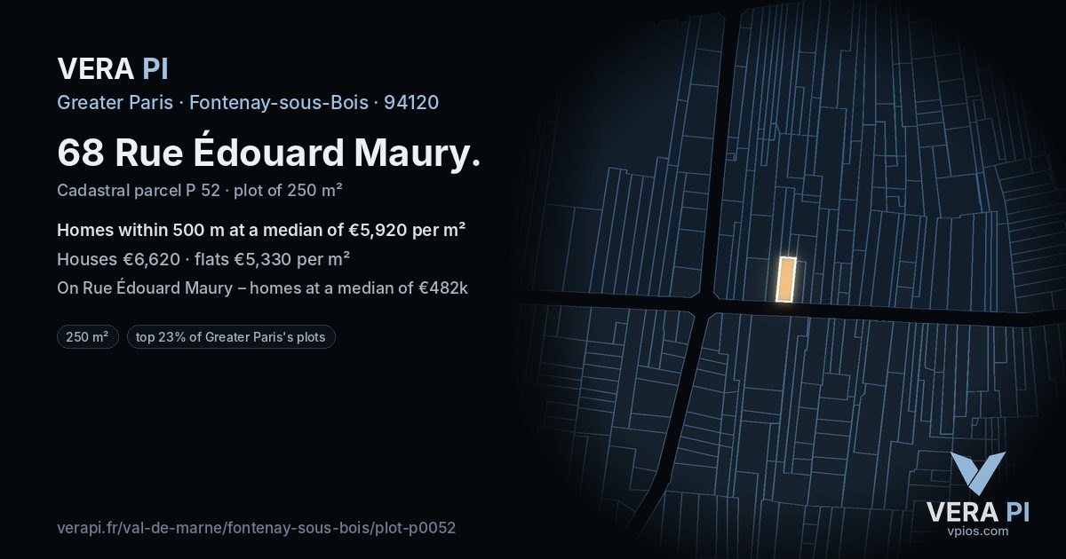 68 Rue Édouard Maury, Fontenay-sous-Bois at night – the plot lit, the parcels around coloured by the prices near them
