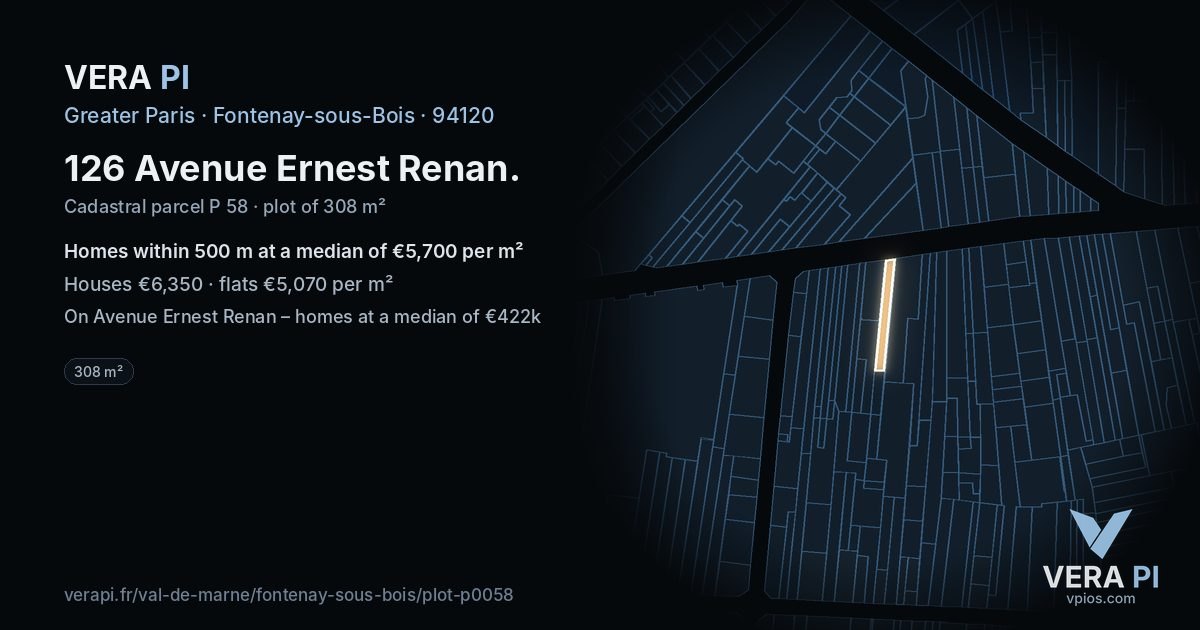 126 Avenue Ernest Renan, Fontenay-sous-Bois at night – the plot lit, the parcels around coloured by the prices near them