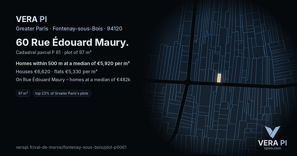 60 Rue Édouard Maury, Fontenay-sous-Bois at night – the plot lit, the parcels around coloured by the prices near them