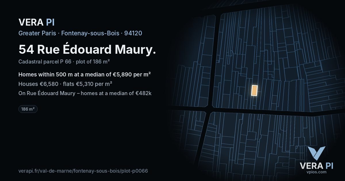 54 Rue Édouard Maury, Fontenay-sous-Bois at night – the plot lit, the parcels around coloured by the prices near them