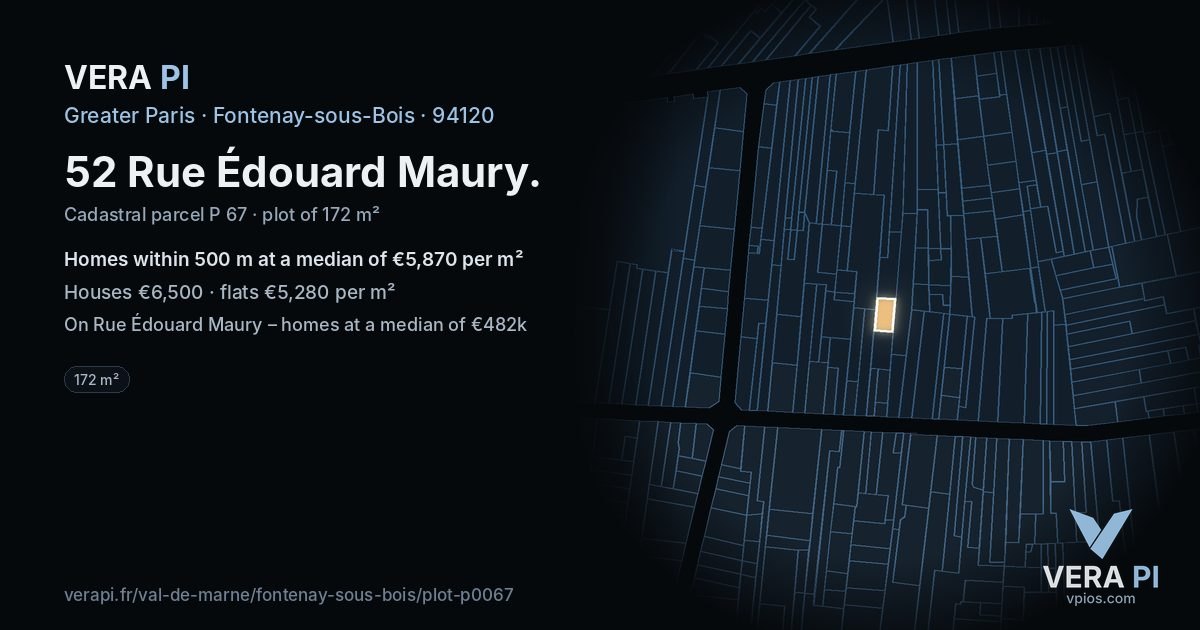 52 Rue Édouard Maury, Fontenay-sous-Bois at night – the plot lit, the parcels around coloured by the prices near them