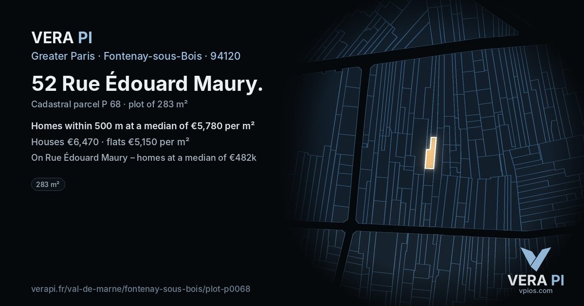 52 Rue Édouard Maury, Fontenay-sous-Bois at night – the plot lit, the parcels around coloured by the prices near them