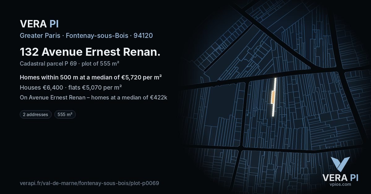 132 Avenue Ernest Renan, Fontenay-sous-Bois at night – the plot lit, the parcels around coloured by the prices near them