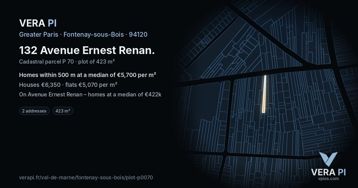 132 Avenue Ernest Renan, Fontenay-sous-Bois at night – the plot lit, the parcels around coloured by the prices near them