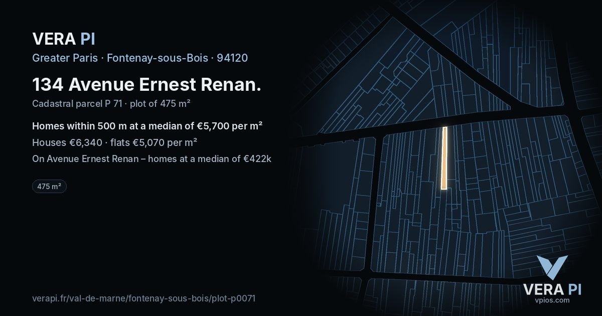 134 Avenue Ernest Renan, Fontenay-sous-Bois at night – the plot lit, the parcels around coloured by the prices near them