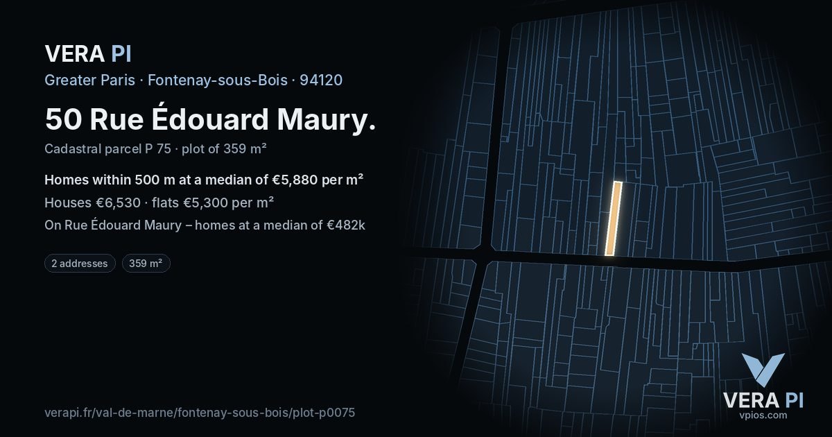 50 Rue Édouard Maury, Fontenay-sous-Bois at night – the plot lit, the parcels around coloured by the prices near them