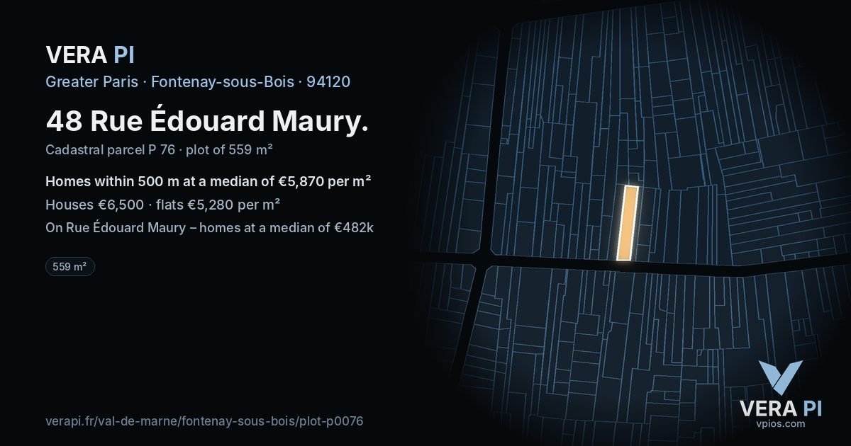 48 Rue Édouard Maury, Fontenay-sous-Bois at night – the plot lit, the parcels around coloured by the prices near them