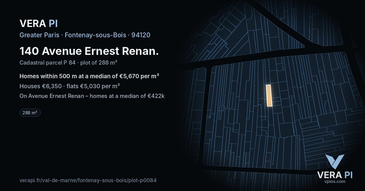 140 Avenue Ernest Renan, Fontenay-sous-Bois at night – the plot lit, the parcels around coloured by the prices near them