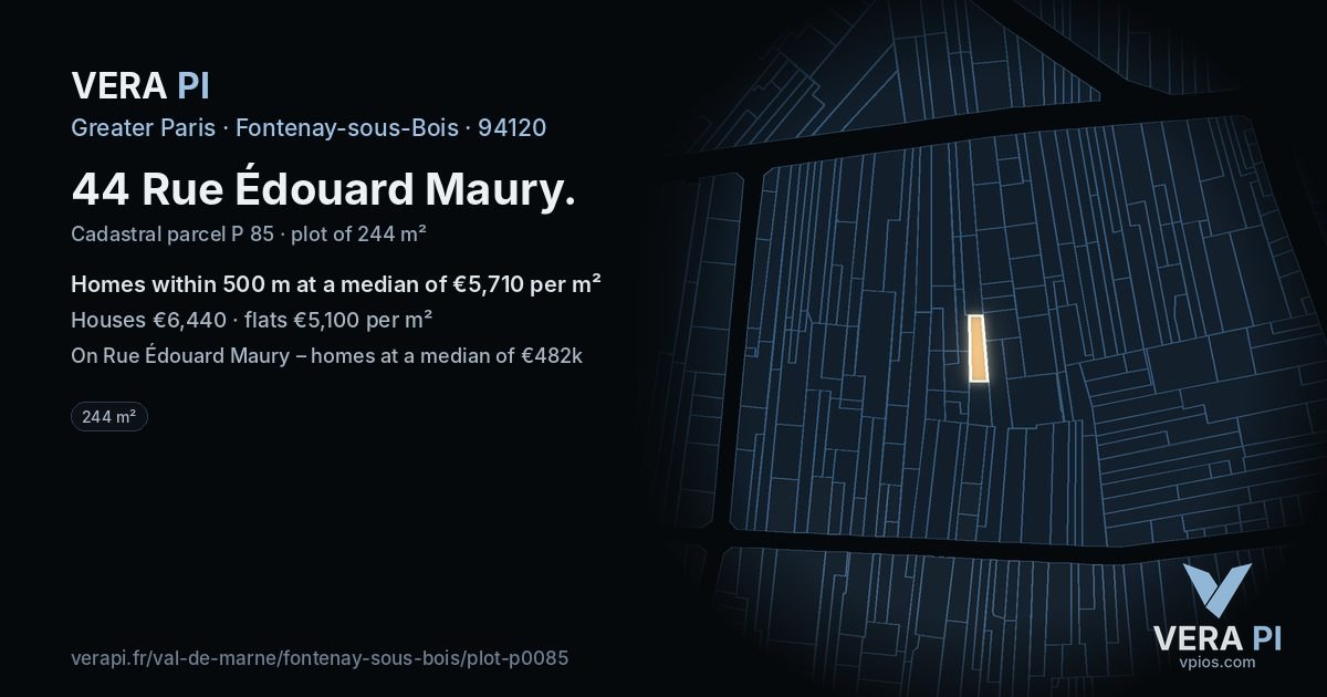 44 Rue Édouard Maury, Fontenay-sous-Bois at night – the plot lit, the parcels around coloured by the prices near them