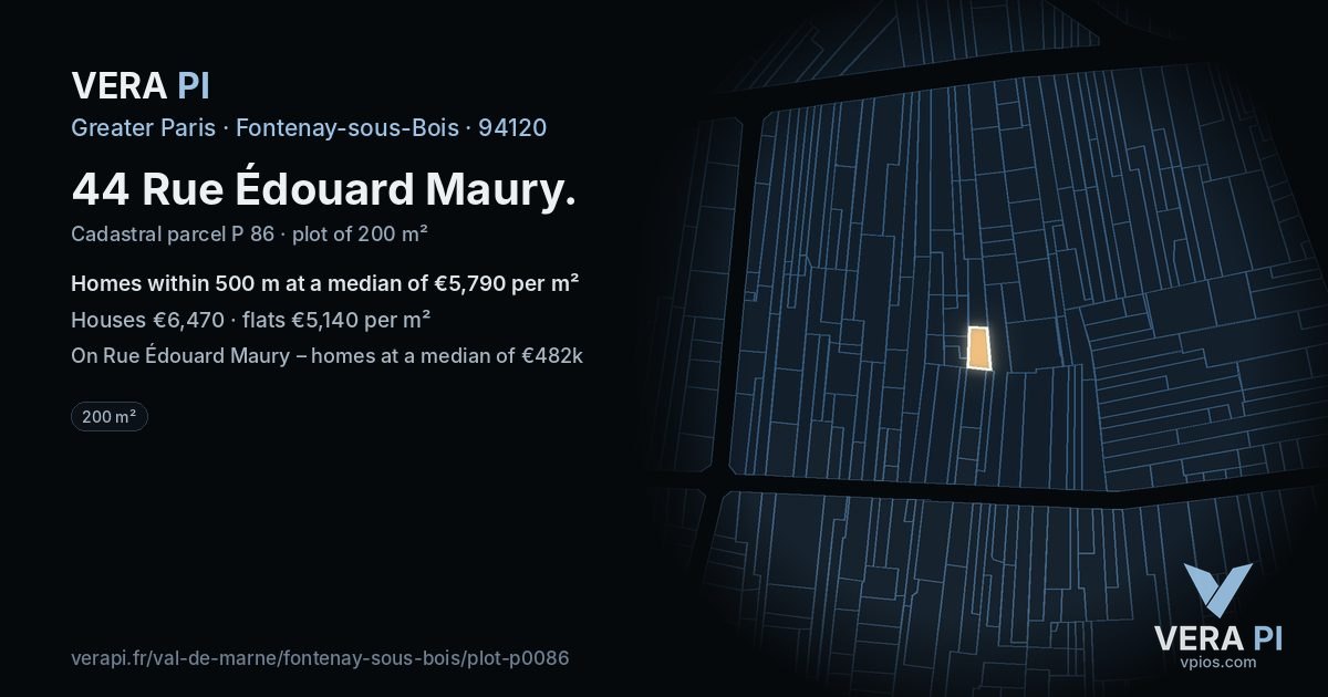44 Rue Édouard Maury, Fontenay-sous-Bois at night – the plot lit, the parcels around coloured by the prices near them