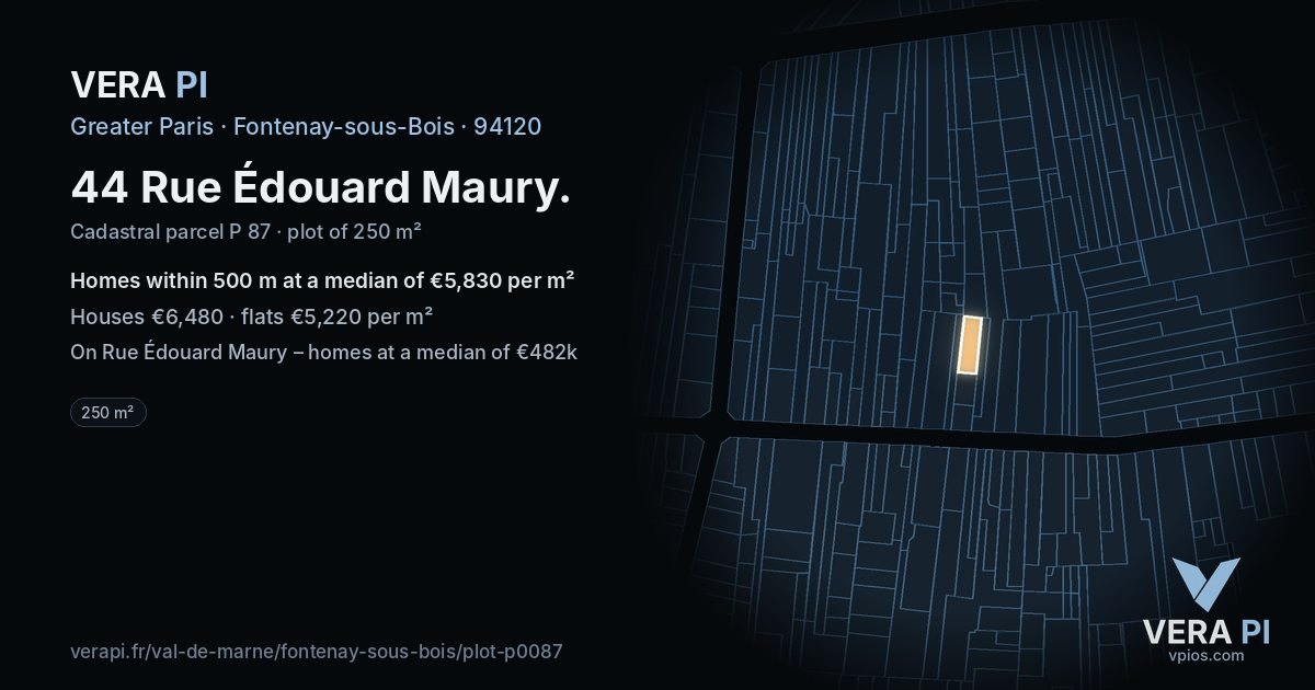 44 Rue Édouard Maury, Fontenay-sous-Bois at night – the plot lit, the parcels around coloured by the prices near them