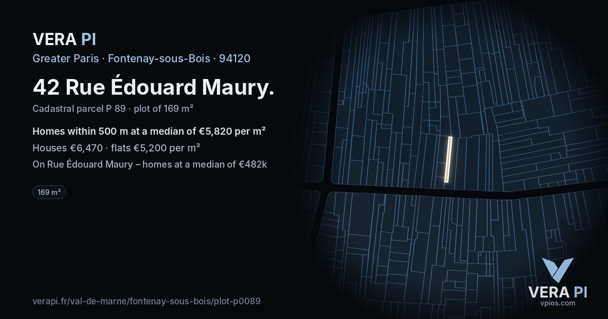 42 Rue Édouard Maury, Fontenay-sous-Bois at night – the plot lit, the parcels around coloured by the prices near them