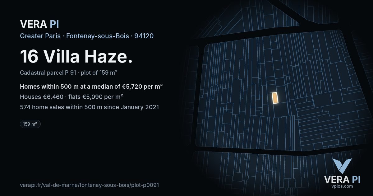 16 Villa Haze, Fontenay-sous-Bois at night – the plot lit, the parcels around coloured by the prices near them