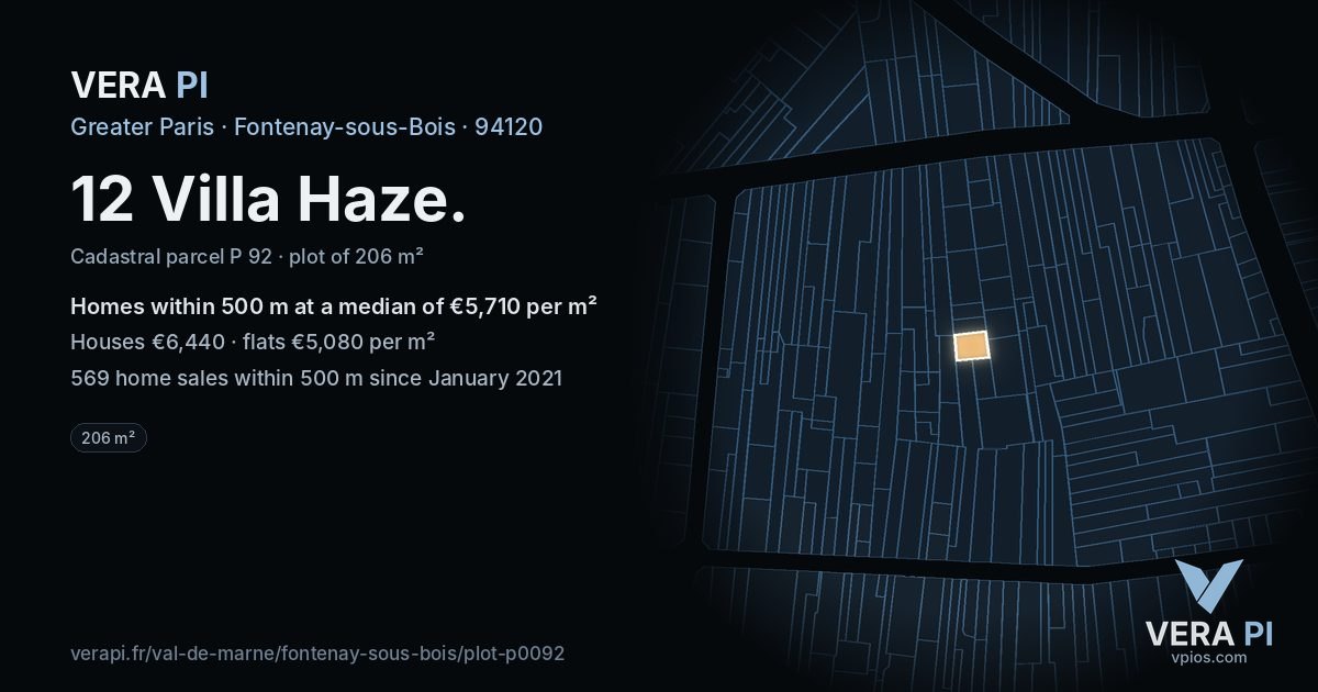 12 Villa Haze, Fontenay-sous-Bois at night – the plot lit, the parcels around coloured by the prices near them
