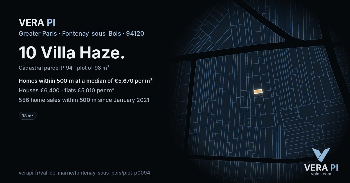 10 Villa Haze, Fontenay-sous-Bois at night – the plot lit, the parcels around coloured by the prices near them