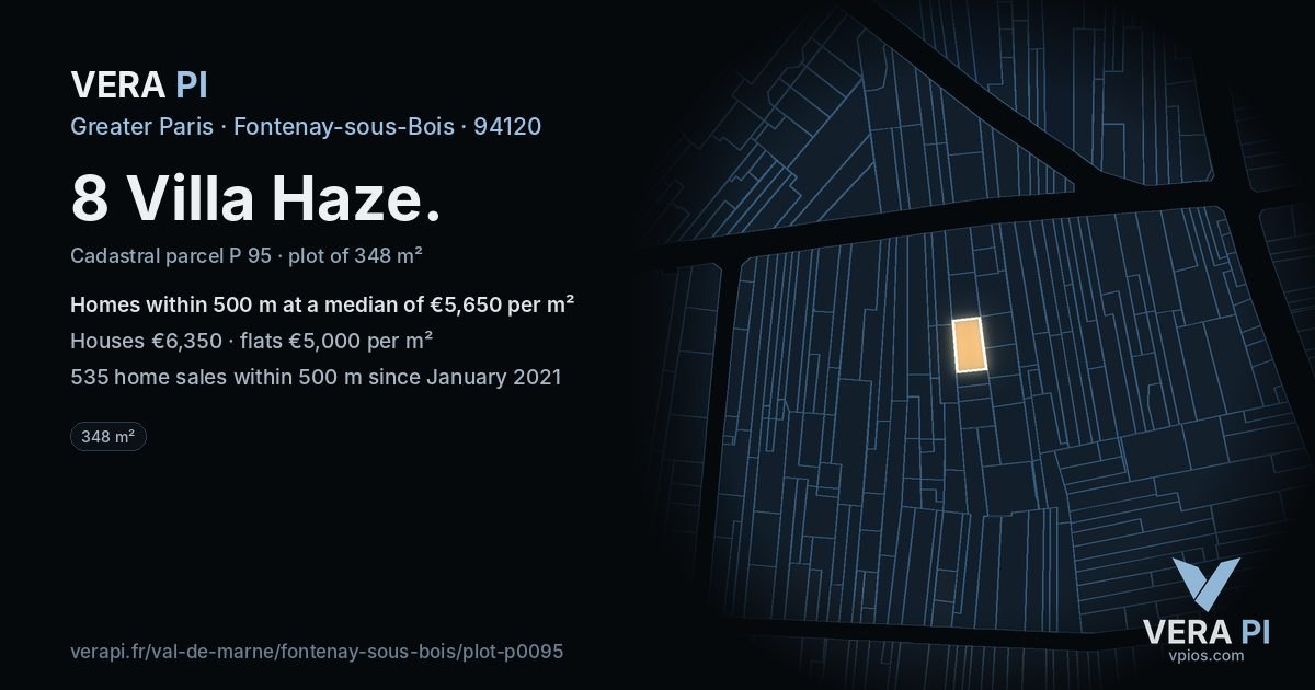8 Villa Haze, Fontenay-sous-Bois at night – the plot lit, the parcels around coloured by the prices near them