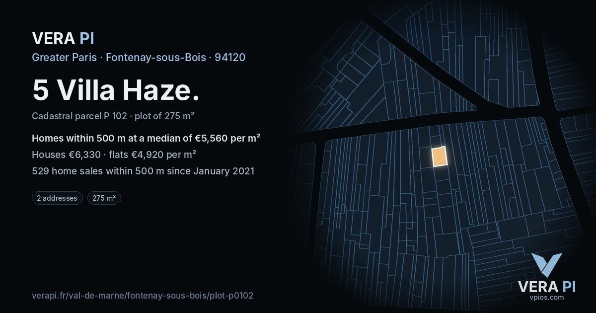 5 Villa Haze, Fontenay-sous-Bois at night – the plot lit, the parcels around coloured by the prices near them