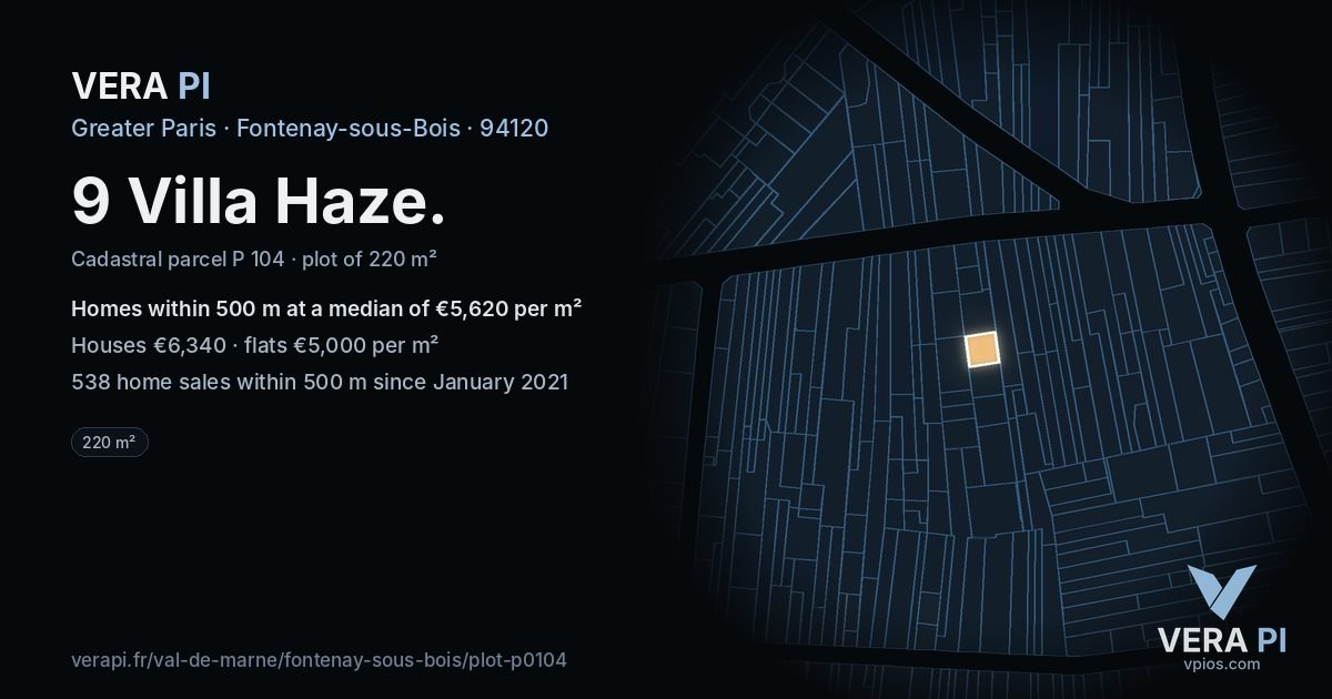 9 Villa Haze, Fontenay-sous-Bois at night – the plot lit, the parcels around coloured by the prices near them