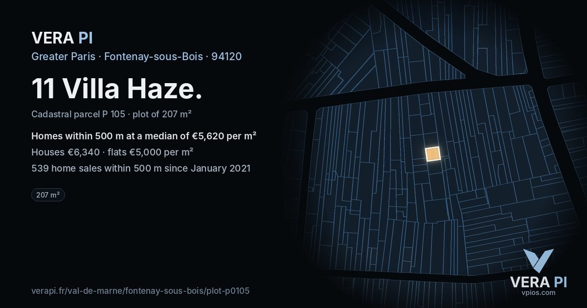 11 Villa Haze, Fontenay-sous-Bois at night – the plot lit, the parcels around coloured by the prices near them