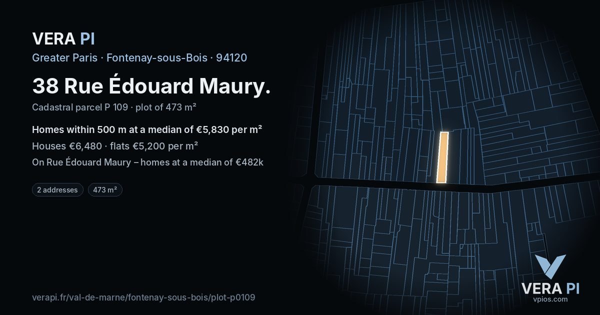 38 Rue Édouard Maury, Fontenay-sous-Bois at night – the plot lit, the parcels around coloured by the prices near them