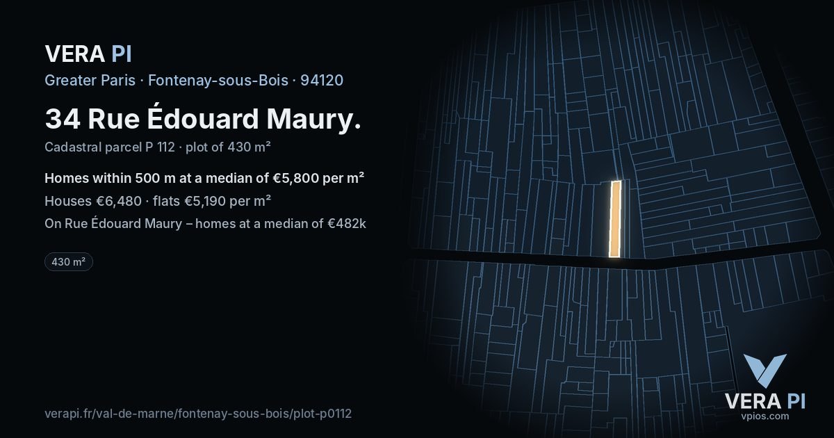 34 Rue Édouard Maury, Fontenay-sous-Bois at night – the plot lit, the parcels around coloured by the prices near them