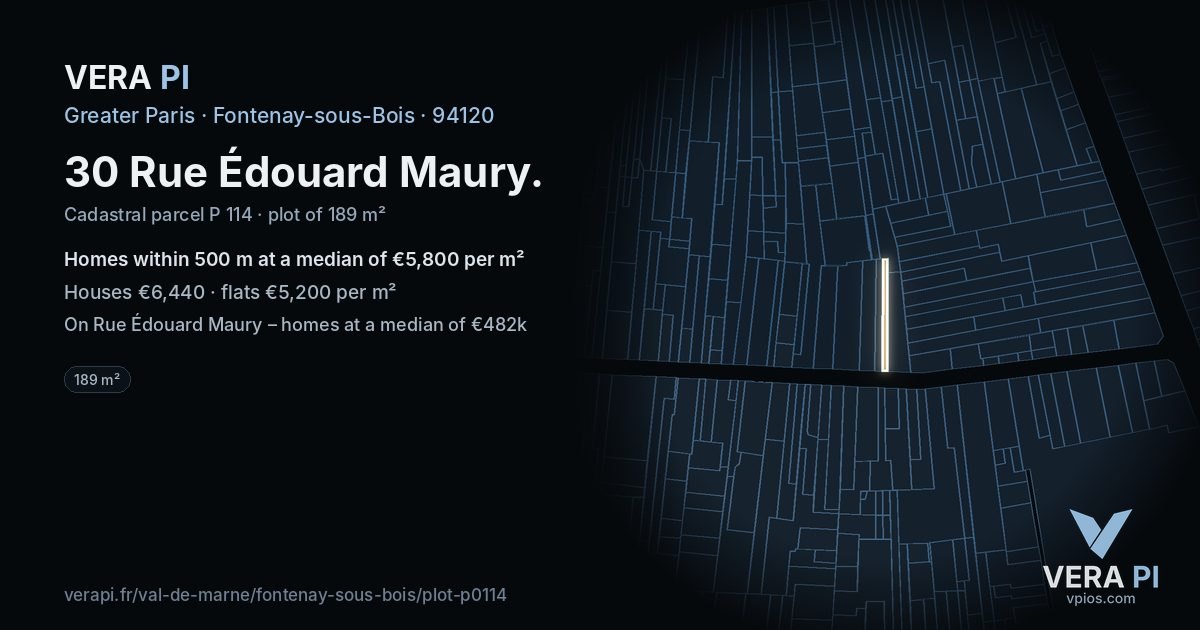 30 Rue Édouard Maury, Fontenay-sous-Bois at night – the plot lit, the parcels around coloured by the prices near them