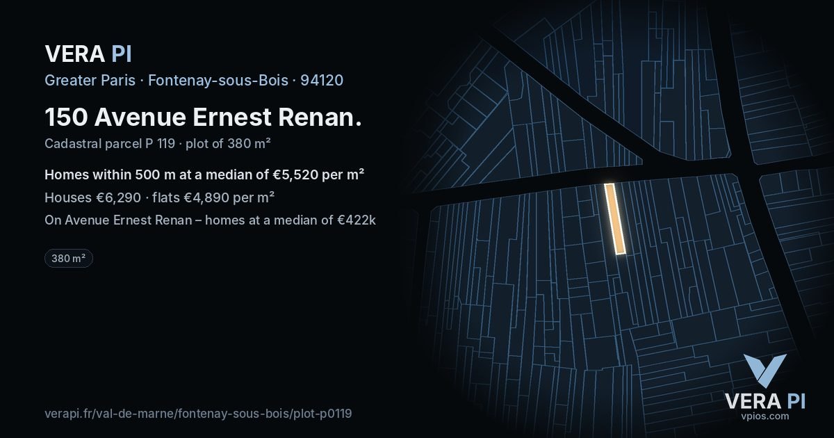150 Avenue Ernest Renan, Fontenay-sous-Bois at night – the plot lit, the parcels around coloured by the prices near them