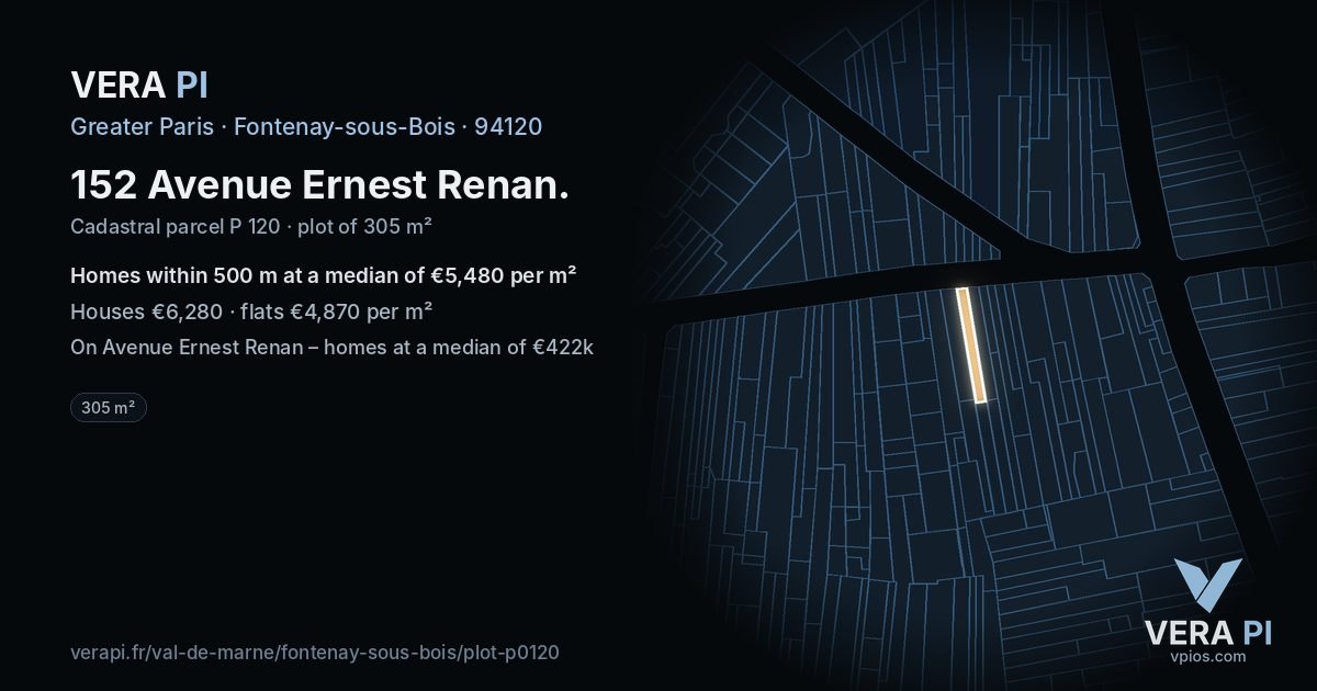 152 Avenue Ernest Renan, Fontenay-sous-Bois at night – the plot lit, the parcels around coloured by the prices near them
