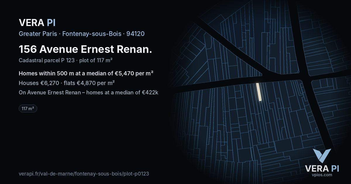 156 Avenue Ernest Renan, Fontenay-sous-Bois at night – the plot lit, the parcels around coloured by the prices near them